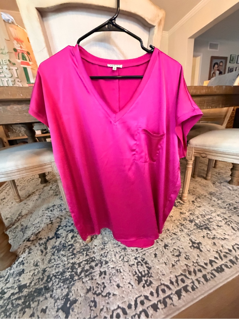 JODIFL Hot Pink V-Neck Short Sleeve Blouse with Pocket
